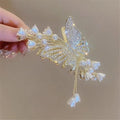 Beauty Korean 1pcs Stone Studded Pearl Butterfly Fancy Hair Claw Clip Clutcher Strong Hold Non-Slip Hair Claw Clip Clutcher Perfect Party Bridal Hair Catcher Golden Stone Studded (Pack of 1)